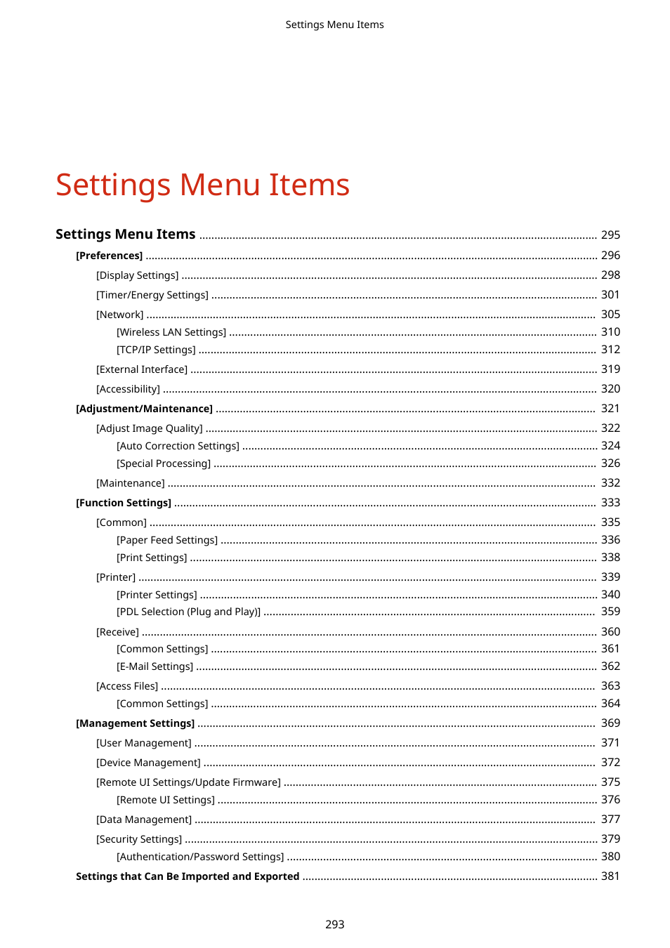 Settings menu items | Canon imageCLASS LBP674Cdw Wireless Color Laser Printer User Manual | Page 301 / 565