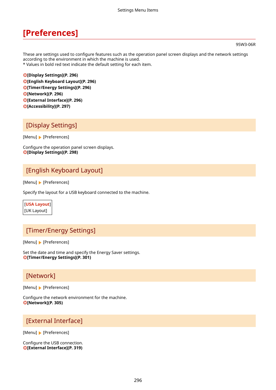 Preferences, English keyboard layout](p. 296), Preferences](p. 296) | Display settings, English keyboard layout, Timer/energy settings, Network, External interface | Canon imageCLASS LBP674Cdw Wireless Color Laser Printer User Manual | Page 304 / 565