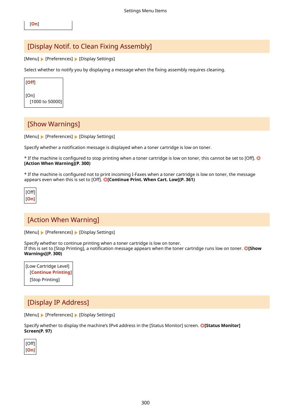 Display notif. to clean fixing assembly, P. 300), Show warnings | Action when warning, Display ip address | Canon imageCLASS LBP674Cdw Wireless Color Laser Printer User Manual | Page 308 / 565
