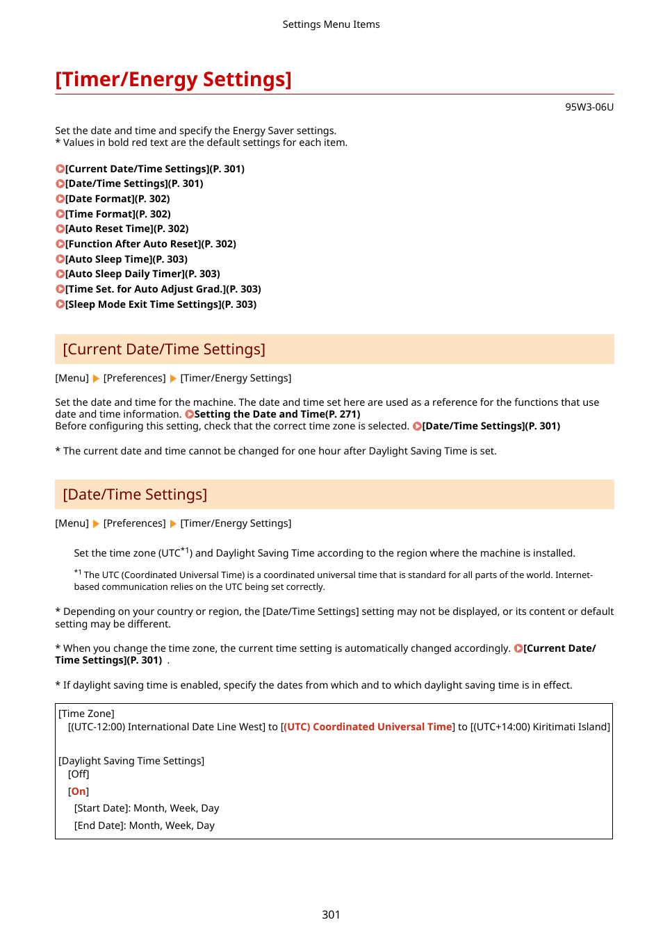Timer/energy settings, Timer/energy settings](p. 301), Current date/time settings | Date/time settings | Canon imageCLASS LBP674Cdw Wireless Color Laser Printer User Manual | Page 309 / 565