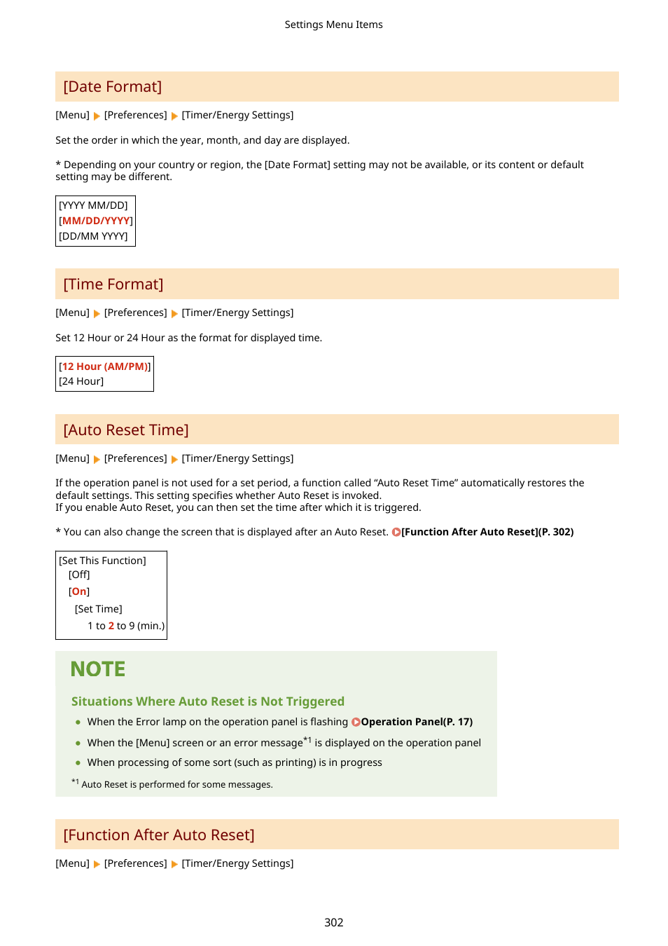 Date format, Time format, Auto reset time | Function after auto reset | Canon imageCLASS LBP674Cdw Wireless Color Laser Printer User Manual | Page 310 / 565