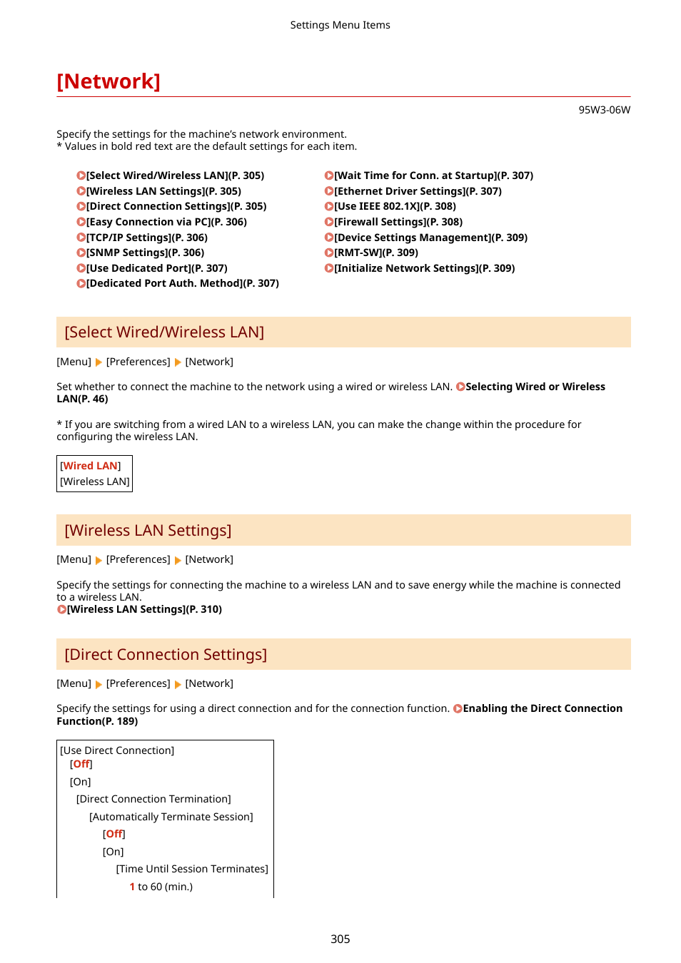 Network, Direct connection settings](p. 305), Select wired/wireless lan | P. 305), Network](p. 305), Wireless lan settings, Direct connection settings | Canon imageCLASS LBP674Cdw Wireless Color Laser Printer User Manual | Page 313 / 565