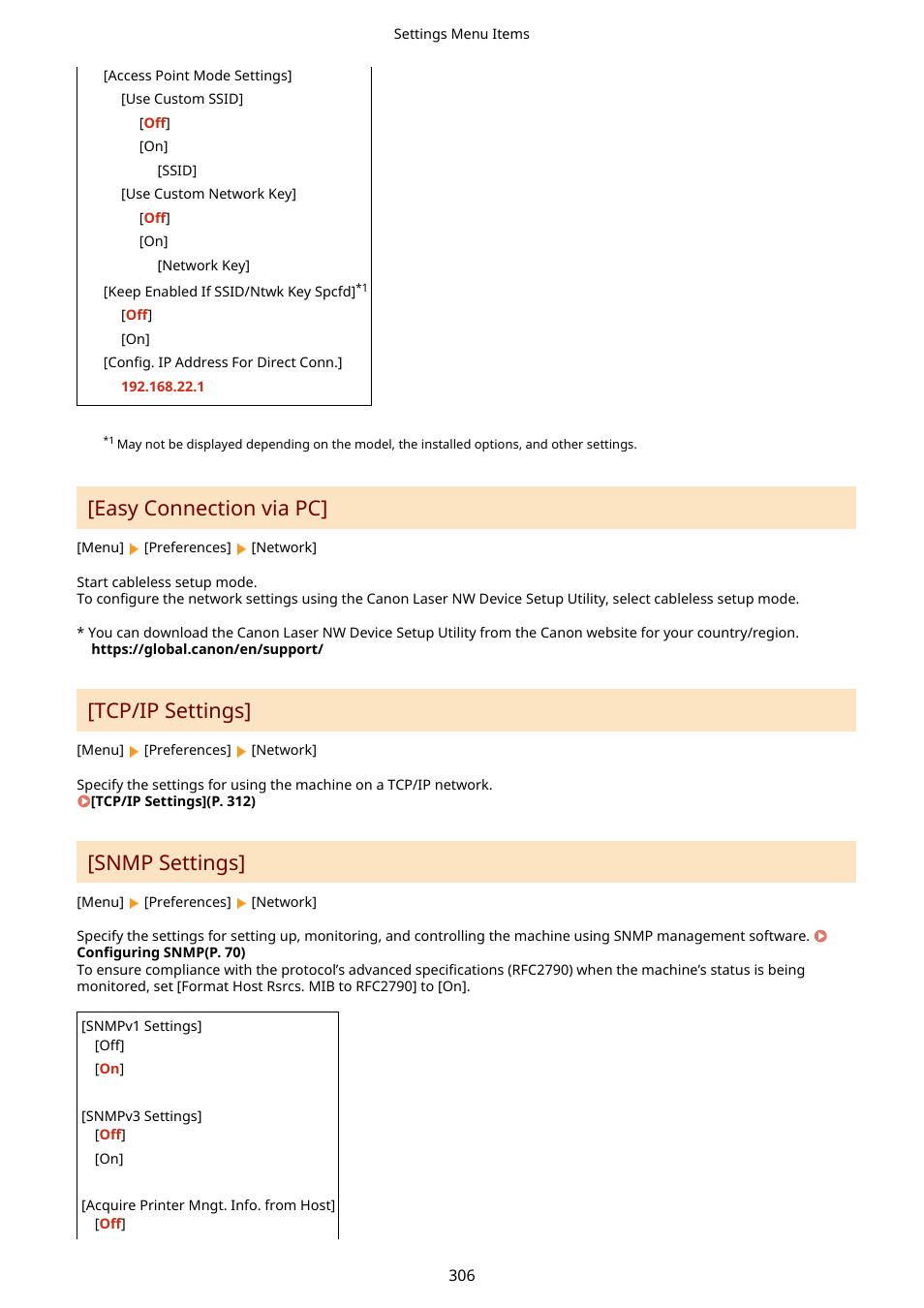 Snmp settings, P. 306), Snmp settings](p. 306) | Easy connection via pc, Tcp/ip settings | Canon imageCLASS LBP674Cdw Wireless Color Laser Printer User Manual | Page 314 / 565