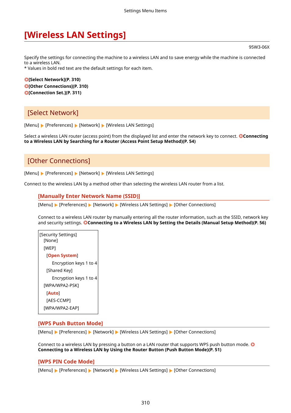 Wireless lan settings, Wireless lan settings](p. 310), Select network | Other connections | Canon imageCLASS LBP674Cdw Wireless Color Laser Printer User Manual | Page 318 / 565