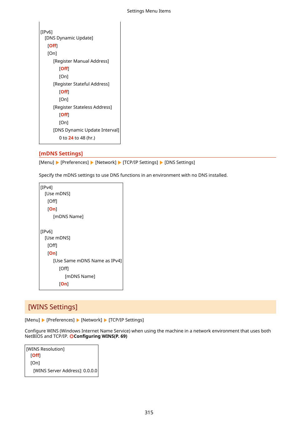 Wins settings](p. 315), Mdns settings](p. 315), Wins settings | Canon imageCLASS LBP674Cdw Wireless Color Laser Printer User Manual | Page 323 / 565