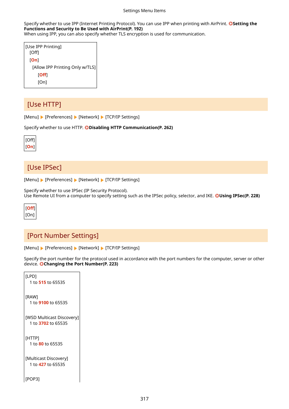 Use http](p. 317), Port number settings](p. 317), Use ipsec | Port number settings | Canon imageCLASS LBP674Cdw Wireless Color Laser Printer User Manual | Page 325 / 565