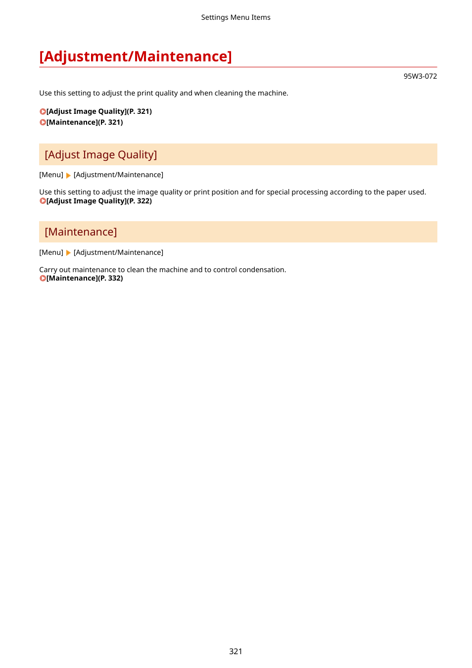 Adjustment/maintenance, Adjustment/maintenance](p. 321), Adjust image quality | Maintenance | Canon imageCLASS LBP674Cdw Wireless Color Laser Printer User Manual | Page 329 / 565