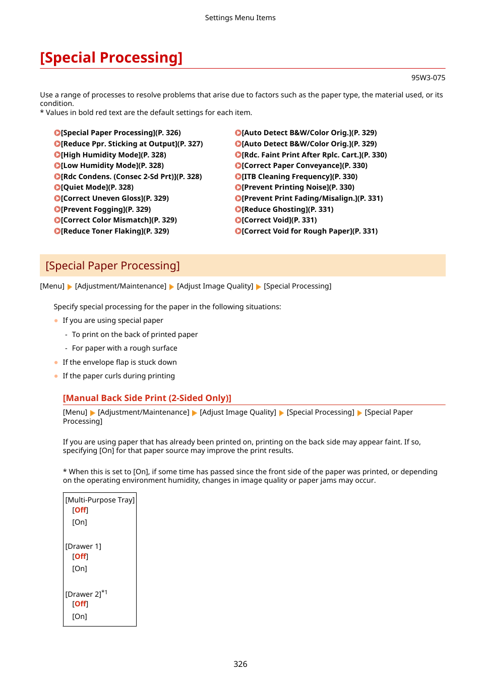 Special processing, Manual back side print (2-sided only)](p. 326), Special paper processing | Canon imageCLASS LBP674Cdw Wireless Color Laser Printer User Manual | Page 334 / 565