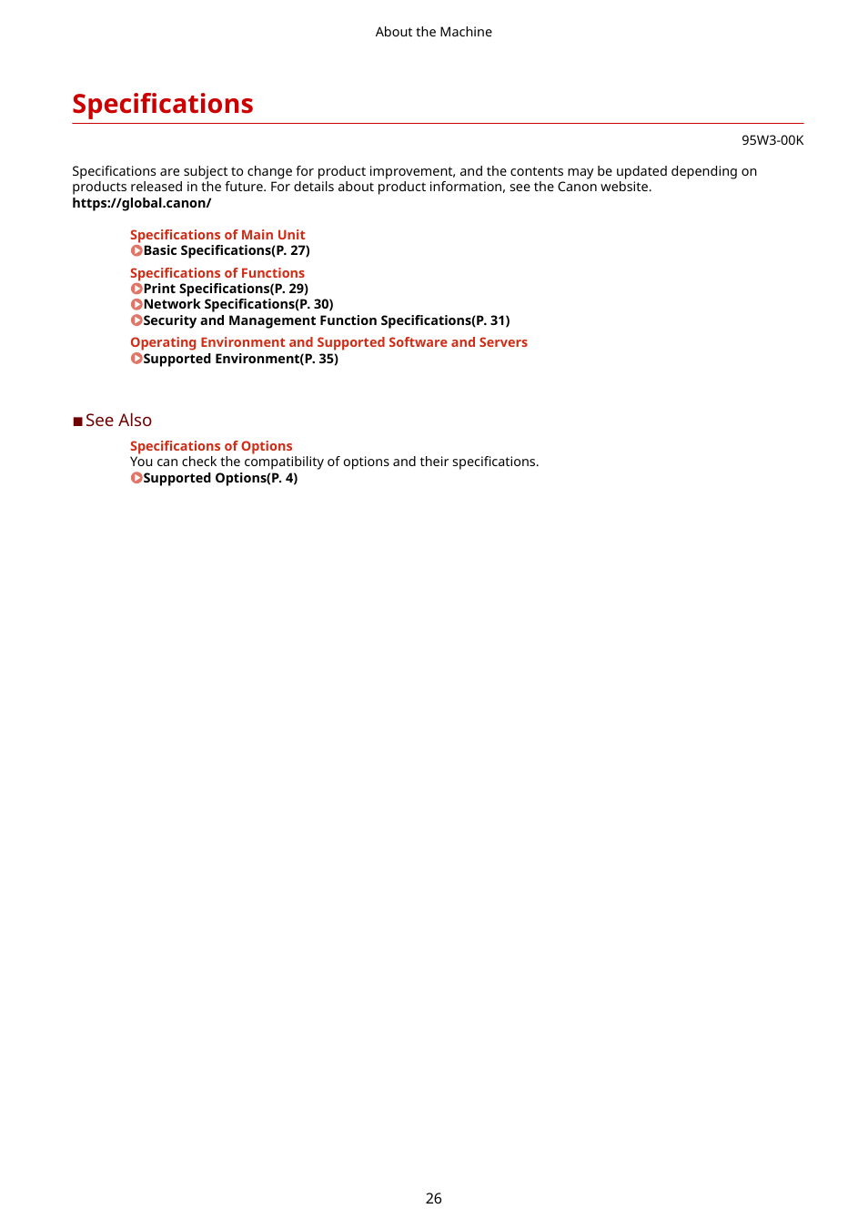 Specifications, Specifications(p. 26) | Canon imageCLASS LBP674Cdw Wireless Color Laser Printer User Manual | Page 34 / 565