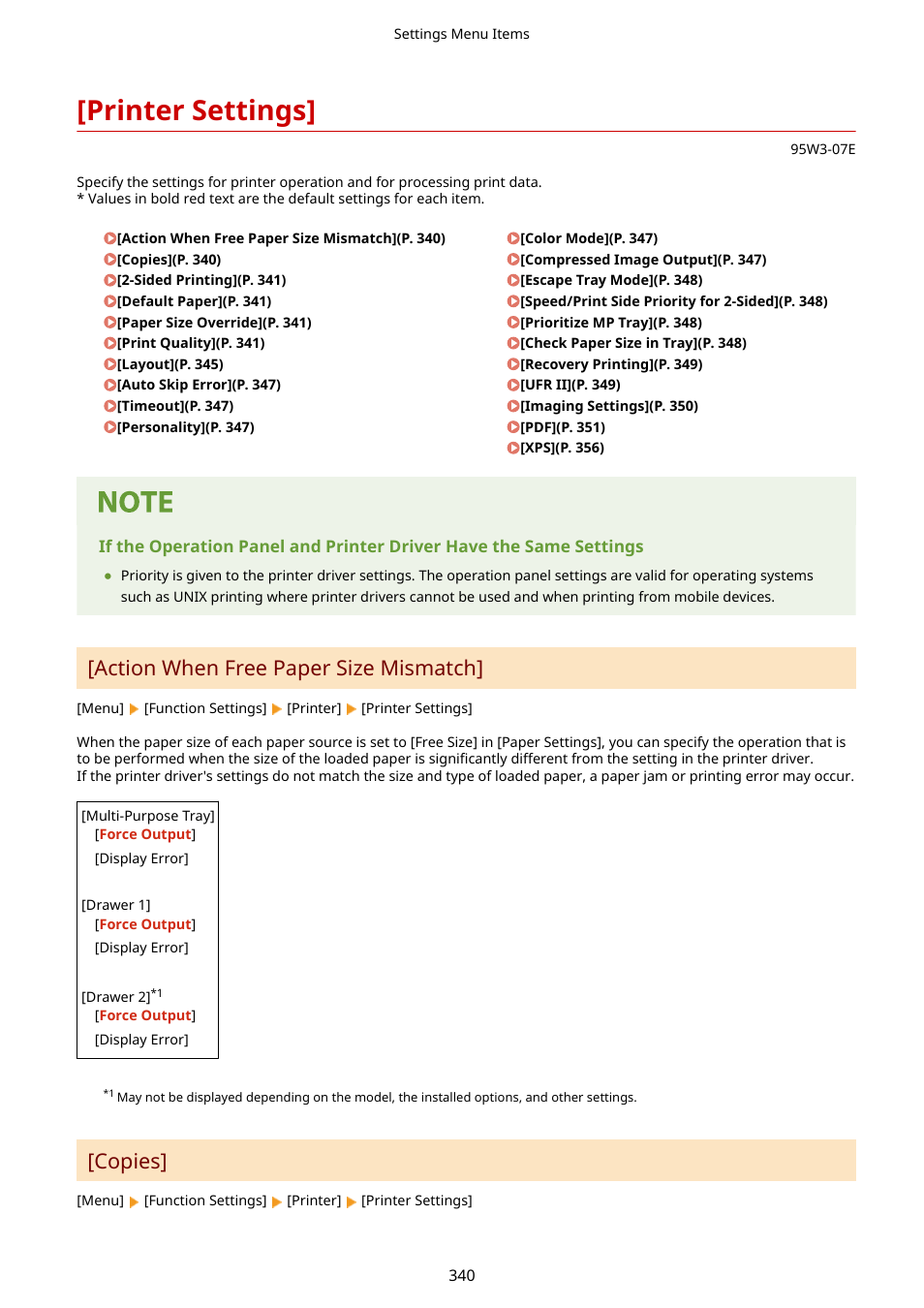 Printer settings, Action when free paper size mismatch, Copies | Canon imageCLASS LBP674Cdw Wireless Color Laser Printer User Manual | Page 348 / 565