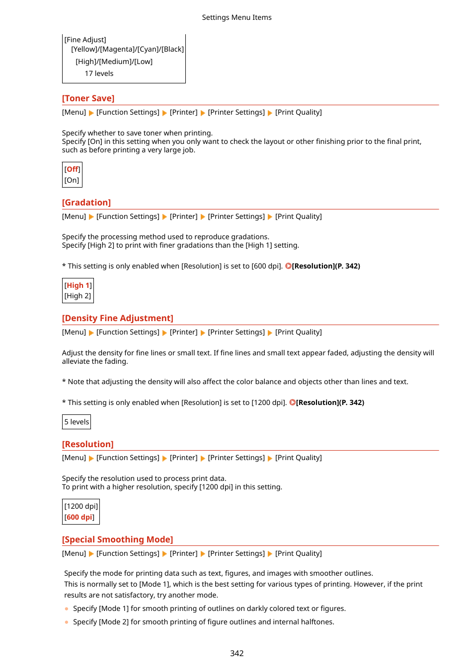 Special smoothing mode](p. 342) | Canon imageCLASS LBP674Cdw Wireless Color Laser Printer User Manual | Page 350 / 565