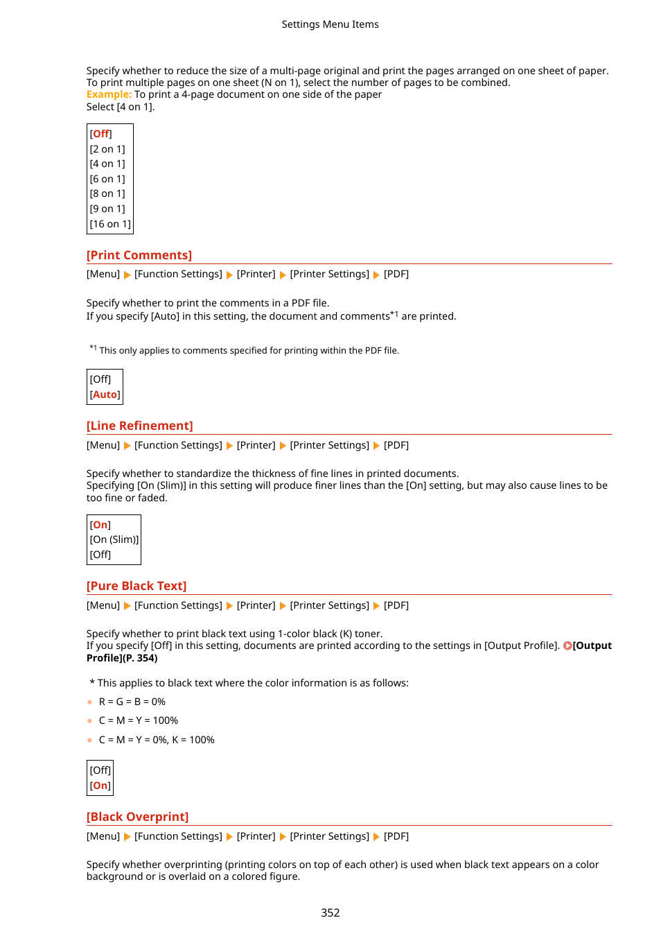 Black overprint](p. 352) | Canon imageCLASS LBP674Cdw Wireless Color Laser Printer User Manual | Page 360 / 565