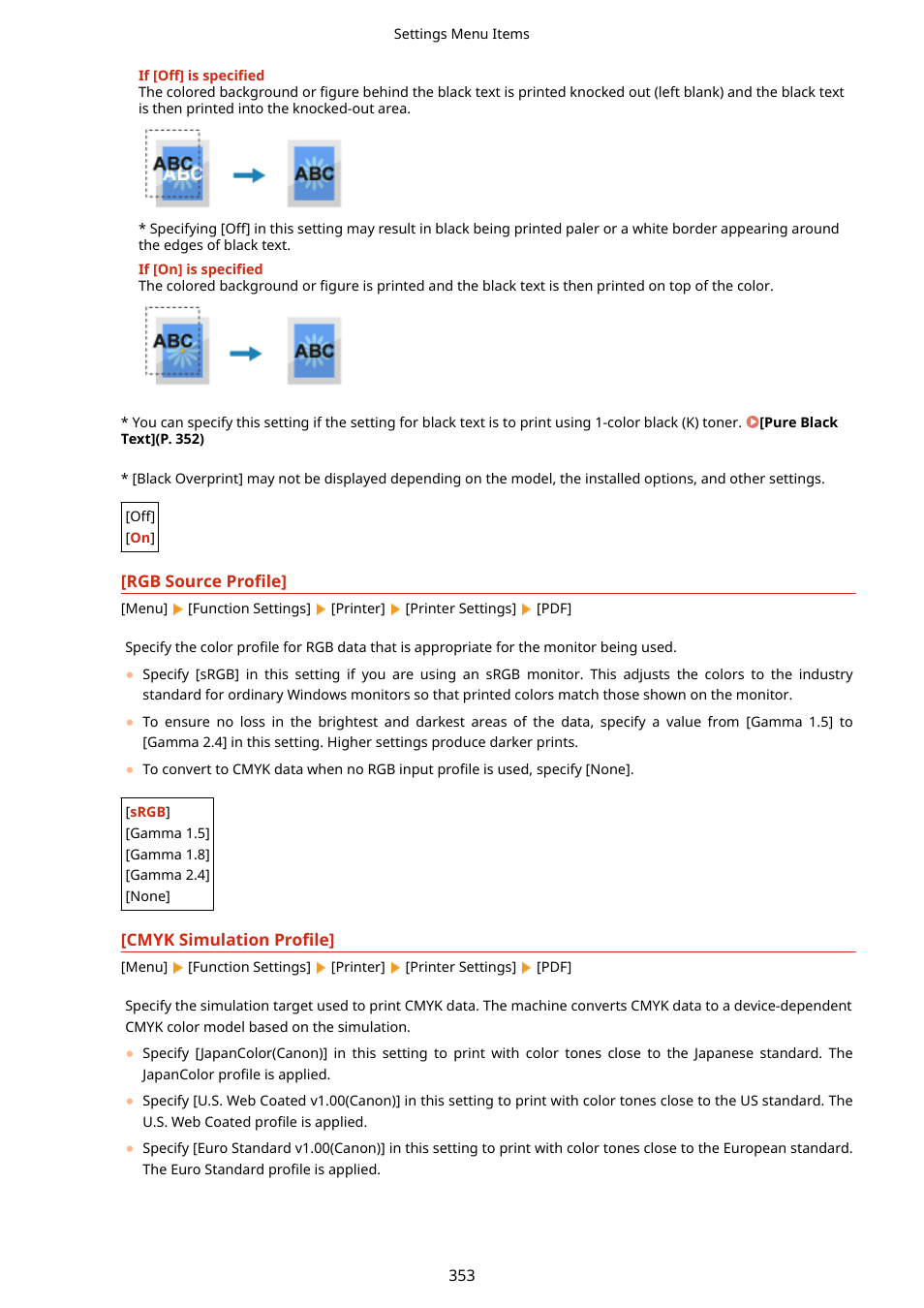 Rgb source profile](p. 353), Cmyk simulation profile](p. 353) | Canon imageCLASS LBP674Cdw Wireless Color Laser Printer User Manual | Page 361 / 565