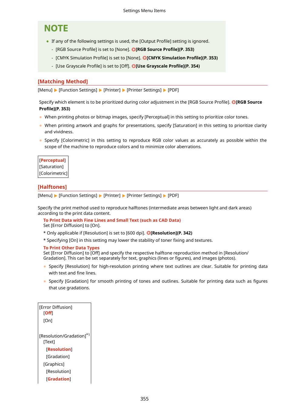Matching method](p. 355), Halftones](p. 355) | Canon imageCLASS LBP674Cdw Wireless Color Laser Printer User Manual | Page 363 / 565