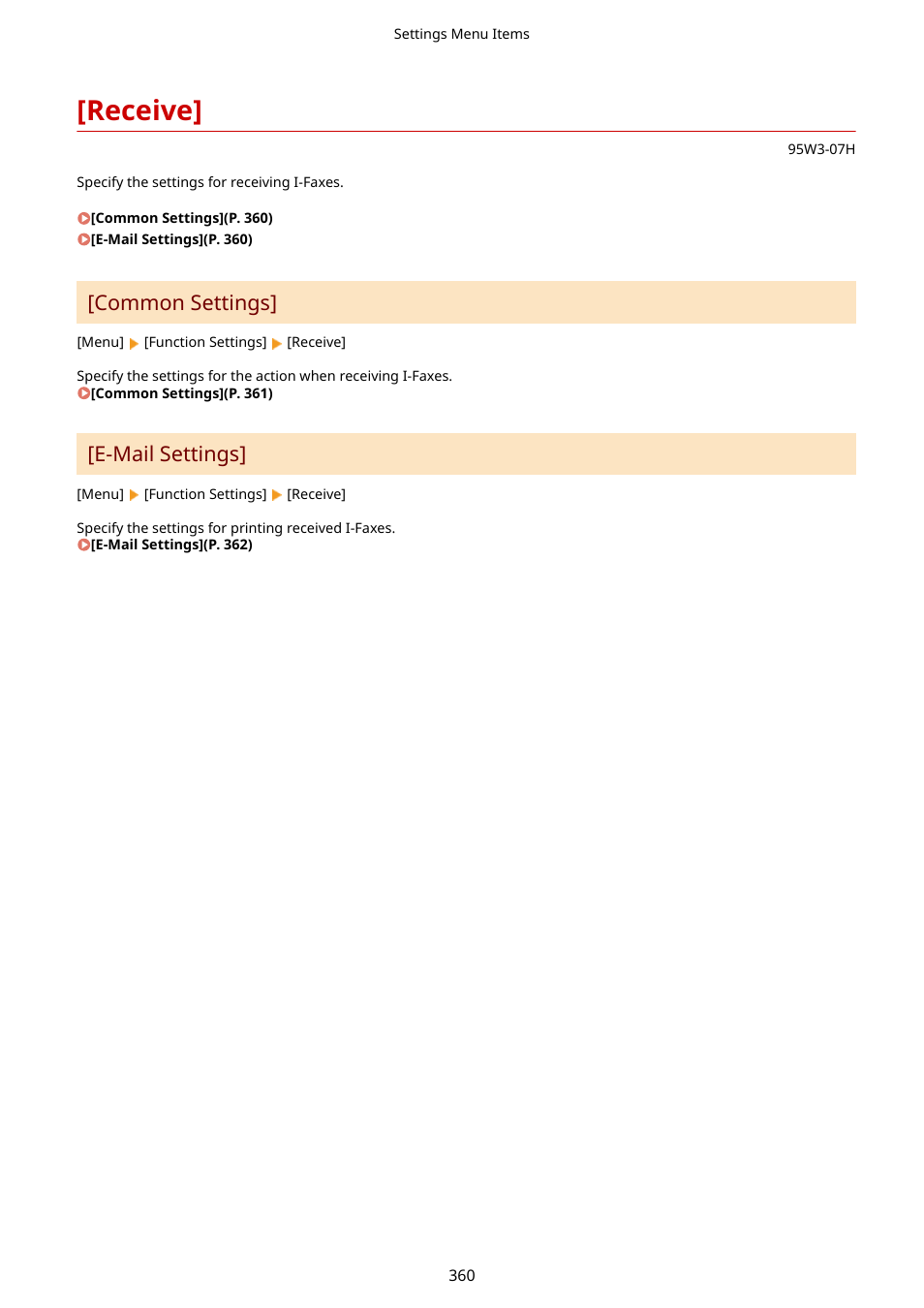 Receive, Receive](p. 360), Common settings | E-mail settings | Canon imageCLASS LBP674Cdw Wireless Color Laser Printer User Manual | Page 368 / 565