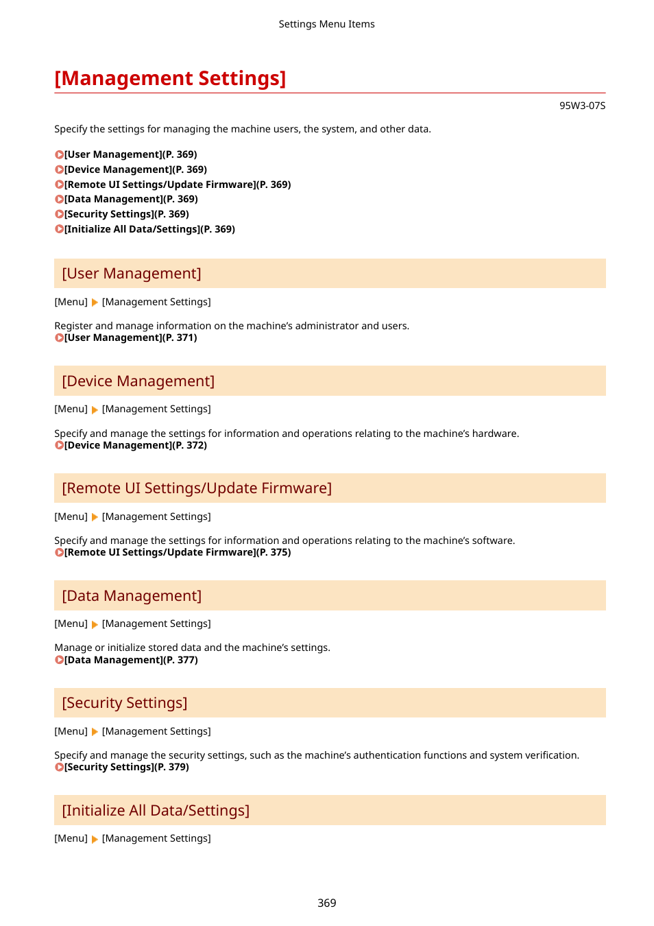 Management settings, Management settings](p. 369), User management | Device management, Remote ui settings/update firmware, Data management, Security settings, Initialize all data/settings | Canon imageCLASS LBP674Cdw Wireless Color Laser Printer User Manual | Page 377 / 565