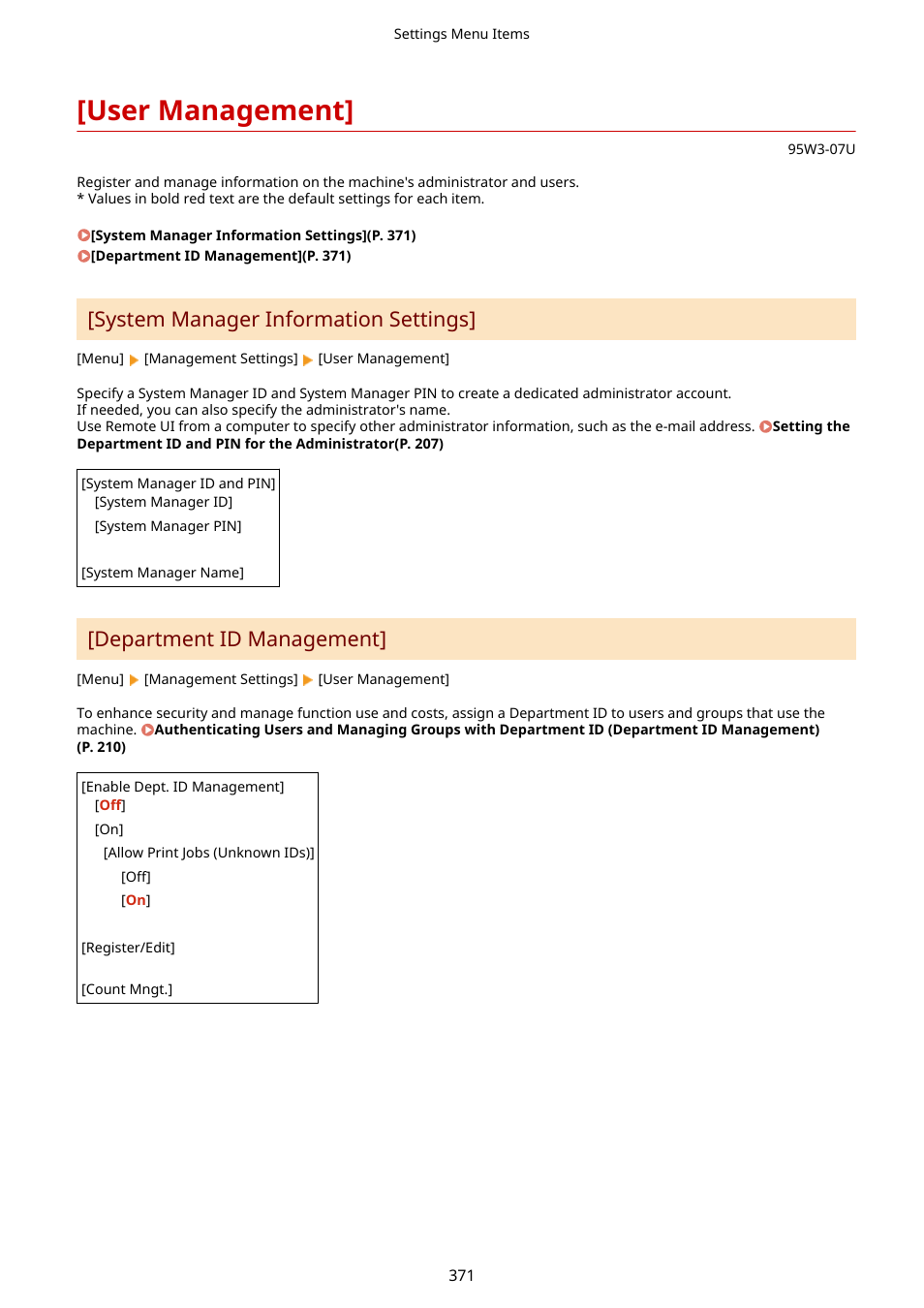 User management, Department id management](p. 371), User management](p. 371) | System manager information settings, Department id management | Canon imageCLASS LBP674Cdw Wireless Color Laser Printer User Manual | Page 379 / 565
