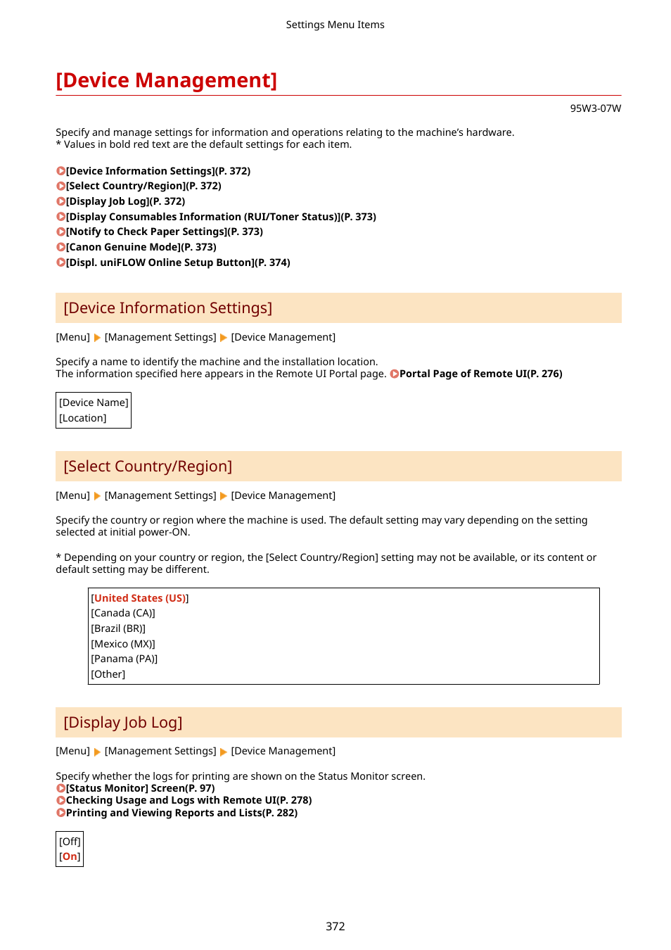 Device management, Device management](p. 372), Device information settings | Select country/region, Display job log | Canon imageCLASS LBP674Cdw Wireless Color Laser Printer User Manual | Page 380 / 565