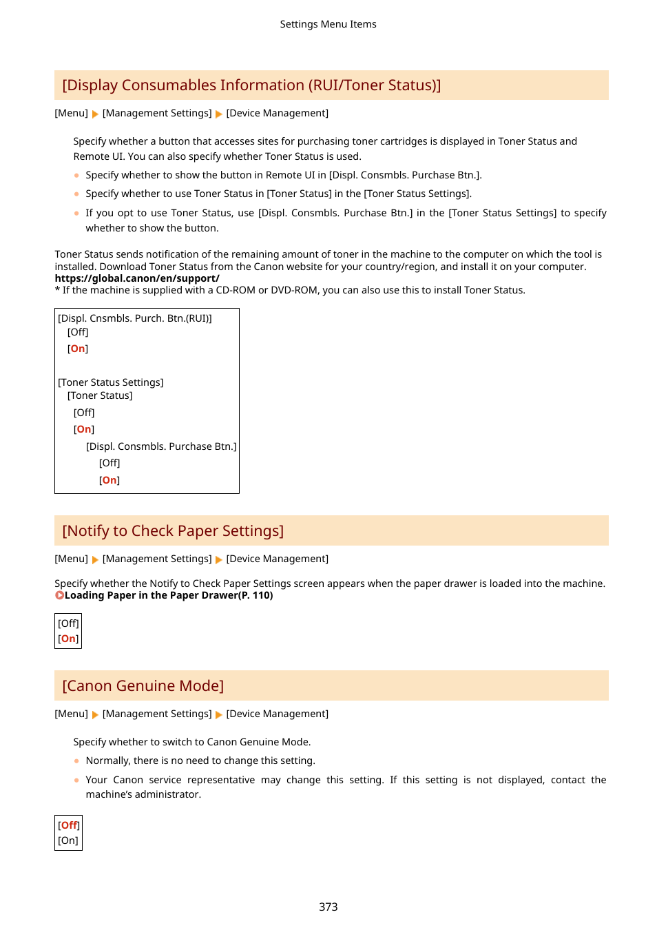 Notify to check paper settings] (p. 373), Display consumables information (rui/toner status), Notify to check paper settings | Canon genuine mode | Canon imageCLASS LBP674Cdw Wireless Color Laser Printer User Manual | Page 381 / 565