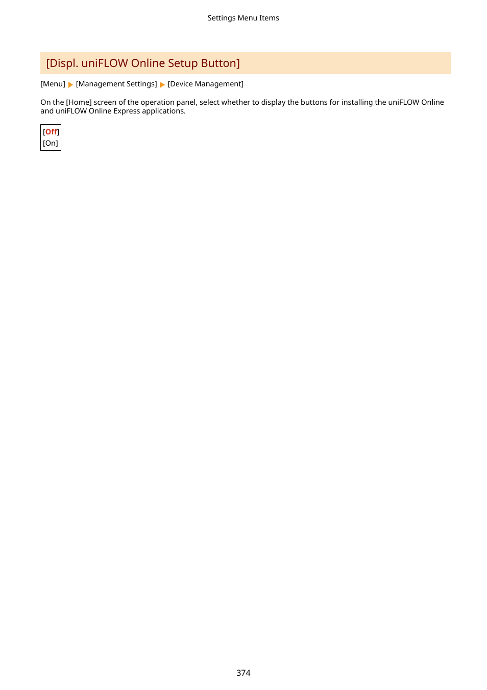 Displ. uniflow online setup button](p. 374), Displ. uniflow online setup button | Canon imageCLASS LBP674Cdw Wireless Color Laser Printer User Manual | Page 382 / 565