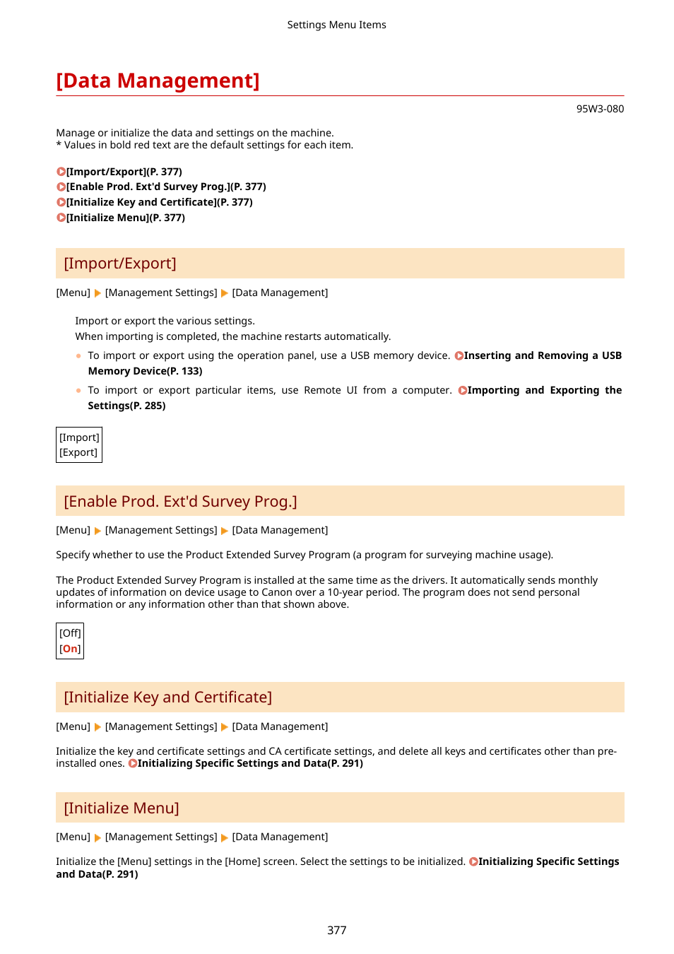 Data management, Import/export](p. 377), Data management](p. 377) | Import/export, Enable prod. ext'd survey prog, Initialize key and certificate, Initialize menu | Canon imageCLASS LBP674Cdw Wireless Color Laser Printer User Manual | Page 385 / 565