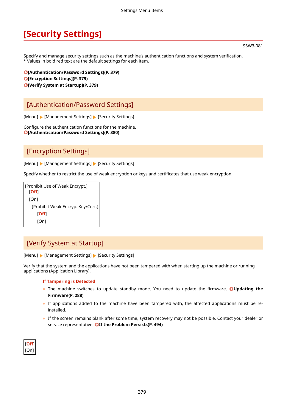 Security settings, Security settings](p. 379), Authentication/password settings | Encryption settings, Verify system at startup | Canon imageCLASS LBP674Cdw Wireless Color Laser Printer User Manual | Page 387 / 565
