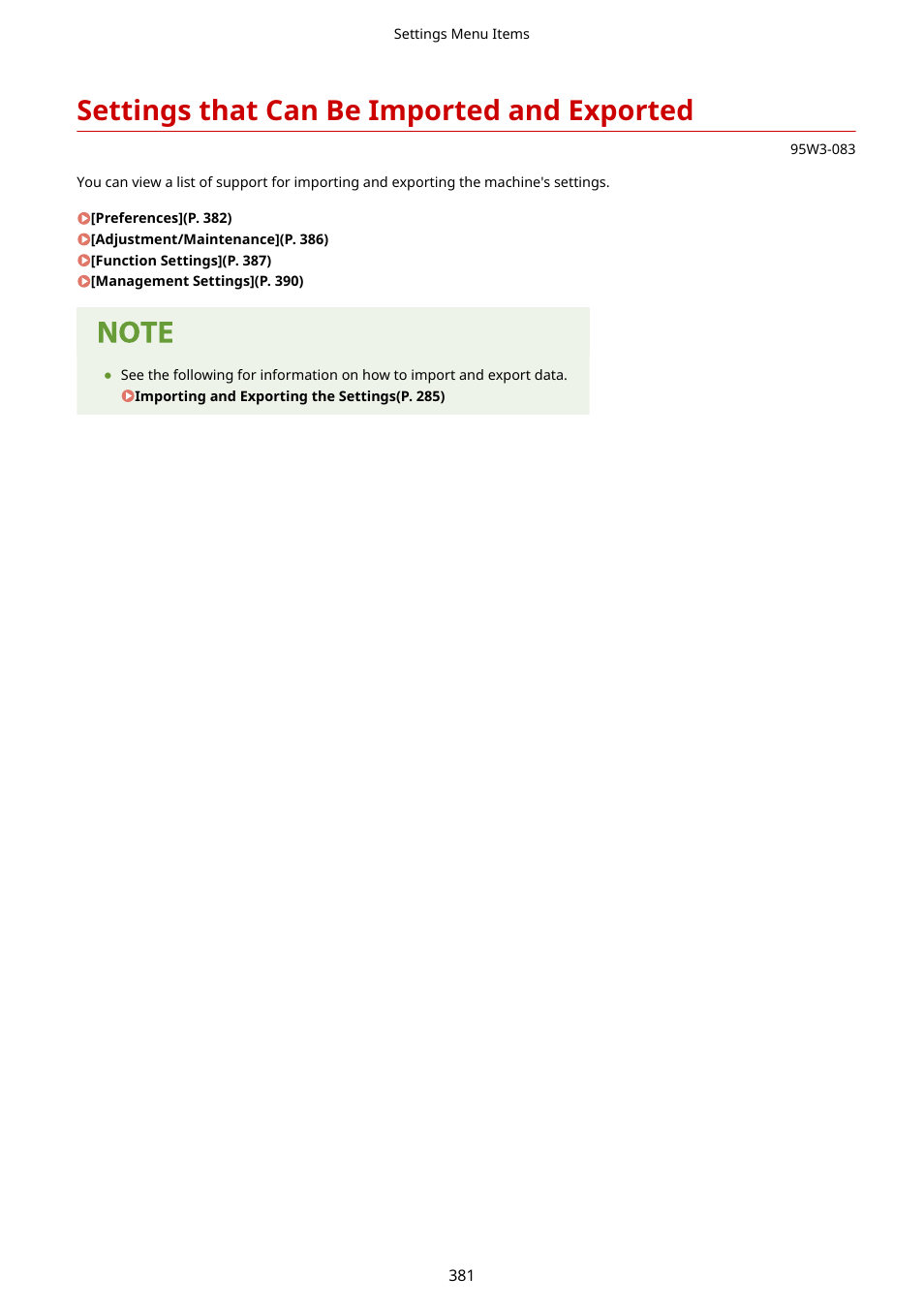 Settings that can be imported and exported, Settings that can be imported and exported(p. 381) | Canon imageCLASS LBP674Cdw Wireless Color Laser Printer User Manual | Page 389 / 565