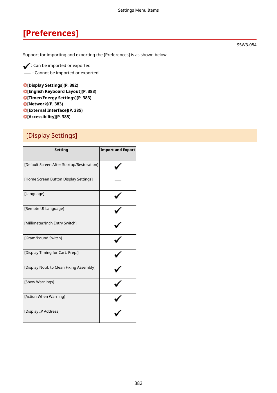 Preferences, Preferences](p. 382), Display settings | Canon imageCLASS LBP674Cdw Wireless Color Laser Printer User Manual | Page 390 / 565