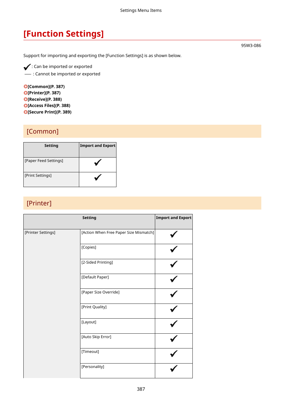 Function settings, Function settings](p. 387), Common | Printer | Canon imageCLASS LBP674Cdw Wireless Color Laser Printer User Manual | Page 395 / 565