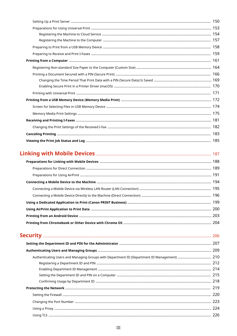 Linking with mobile devices, Security | Canon imageCLASS LBP674Cdw Wireless Color Laser Printer User Manual | Page 4 / 565