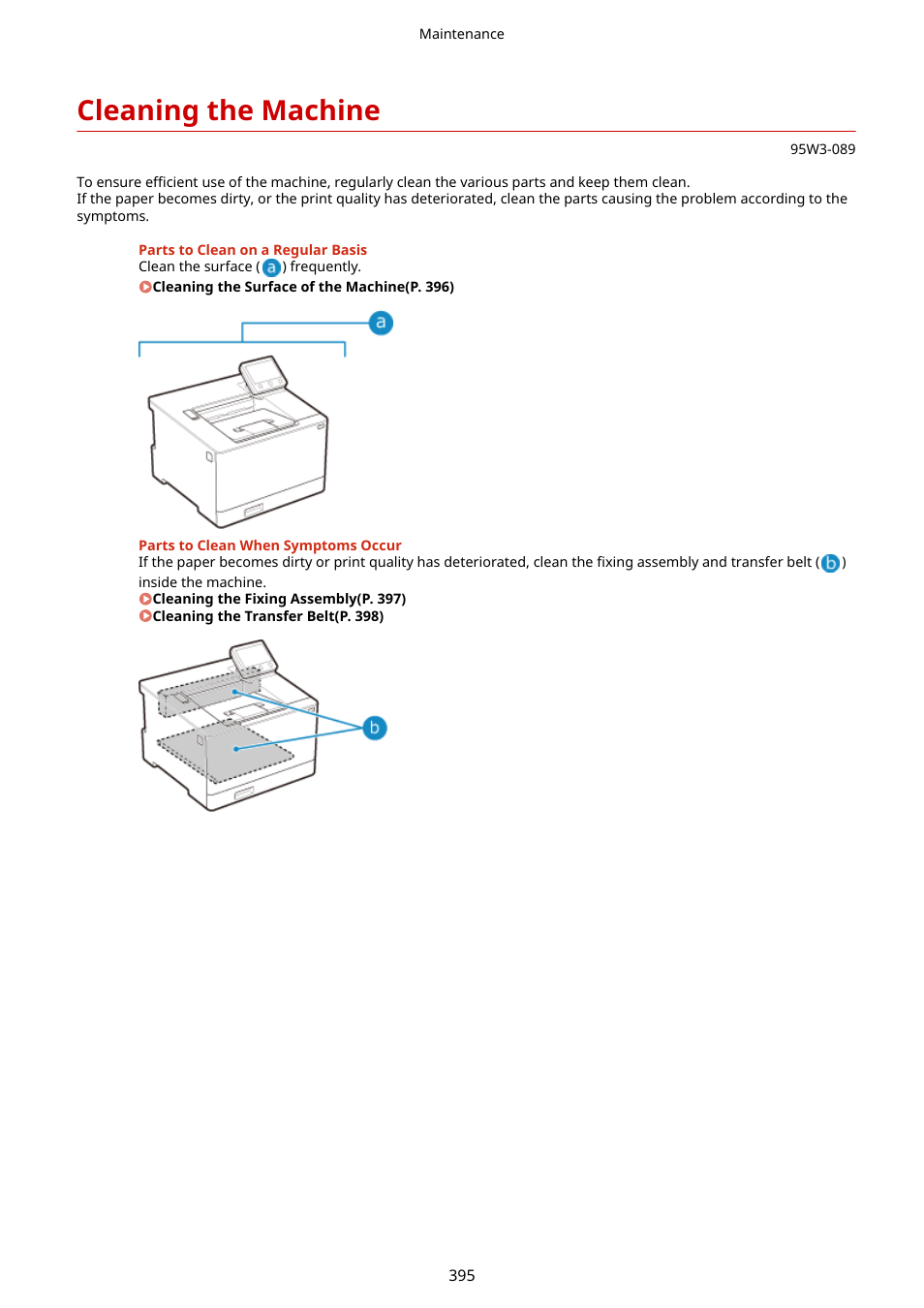 Cleaning the machine, Cleaning the machine(p. 395) | Canon imageCLASS LBP674Cdw Wireless Color Laser Printer User Manual | Page 403 / 565