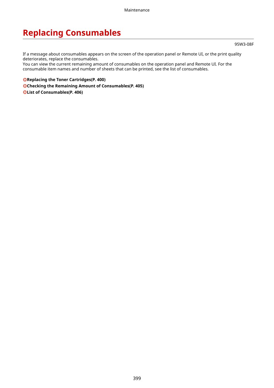 Replacing consumables, Replacing consumables(p. 399) | Canon imageCLASS LBP674Cdw Wireless Color Laser Printer User Manual | Page 407 / 565