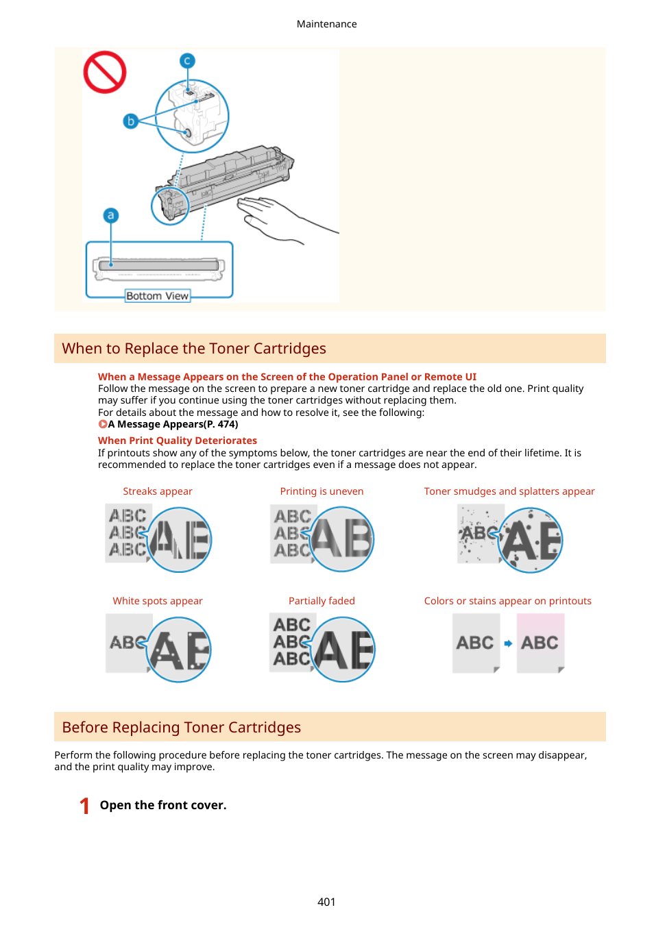 When to replace the toner cartridges, Before replacing toner cartridges | Canon imageCLASS LBP674Cdw Wireless Color Laser Printer User Manual | Page 409 / 565