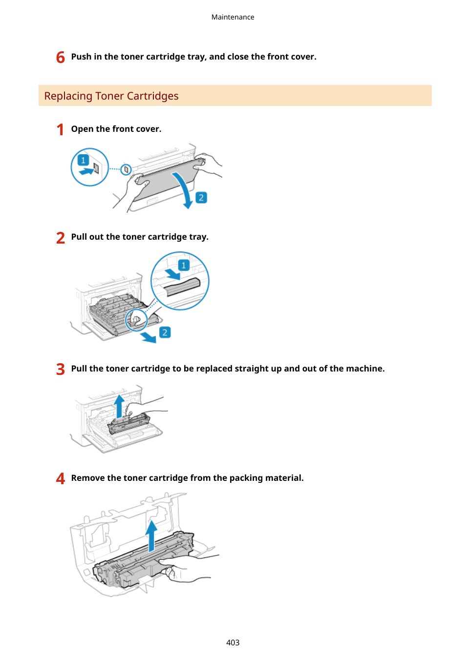 Replacing toner cartridges(p. 403) | Canon imageCLASS LBP674Cdw Wireless Color Laser Printer User Manual | Page 411 / 565