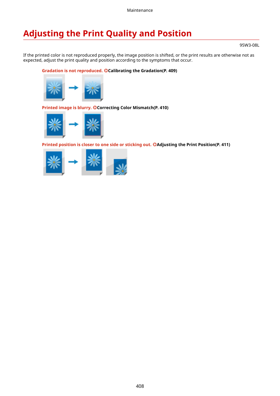 Adjusting the print quality and position, Adjusting the print quality and position(p. 408) | Canon imageCLASS LBP674Cdw Wireless Color Laser Printer User Manual | Page 416 / 565