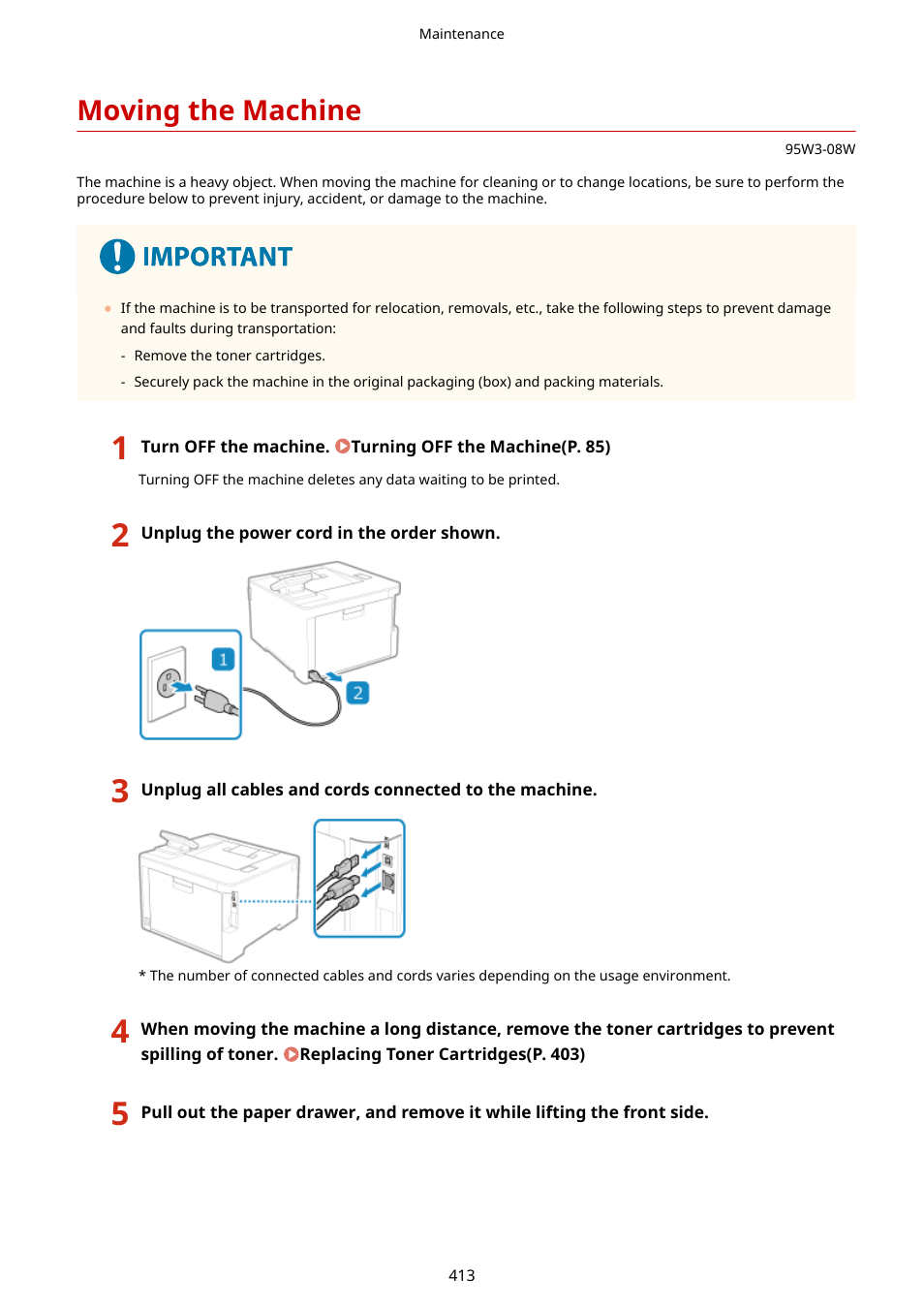Moving the machine, Moving the machine(p. 413) | Canon imageCLASS LBP674Cdw Wireless Color Laser Printer User Manual | Page 421 / 565
