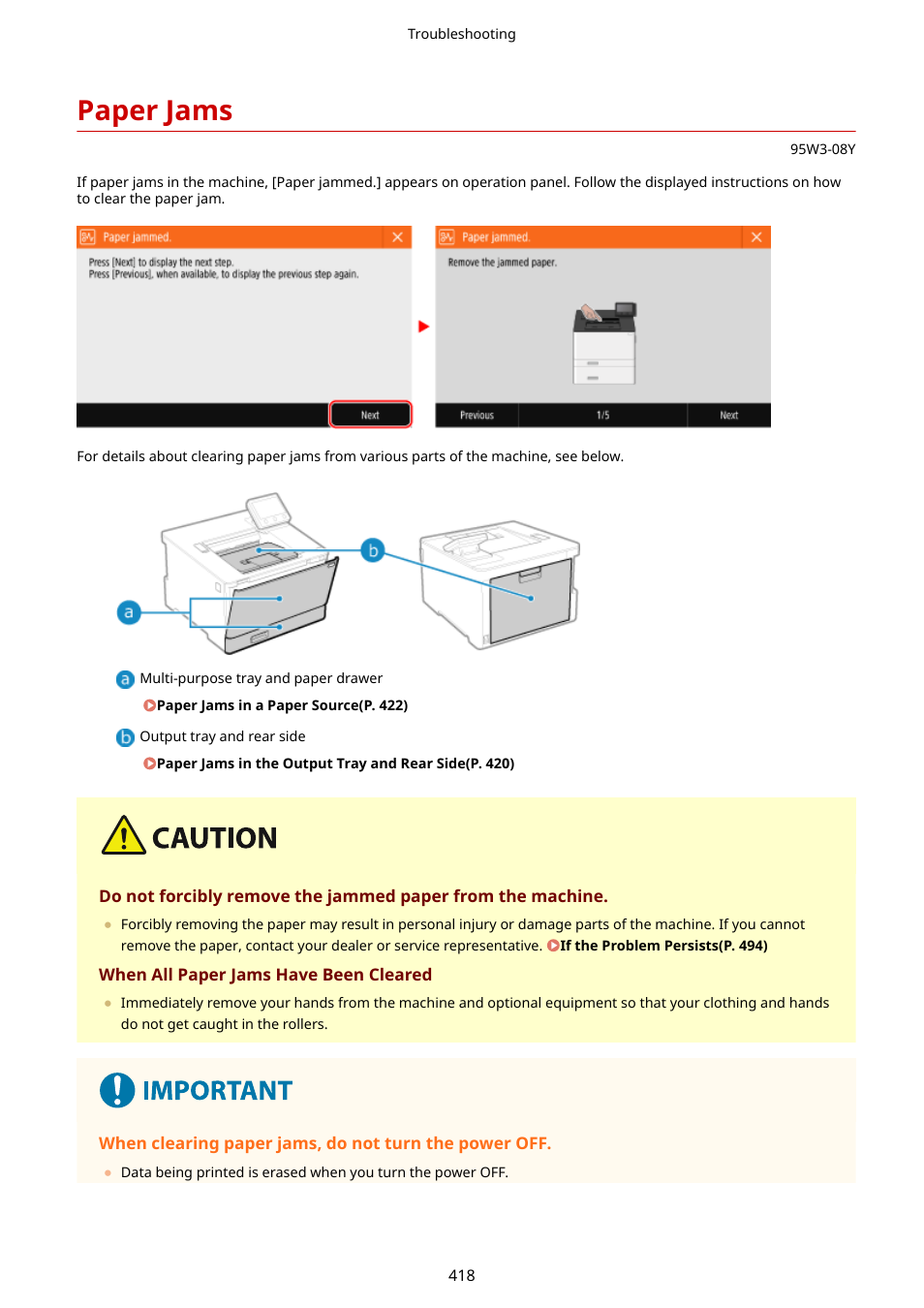 Paper jams, Paper jams(p. 418) | Canon imageCLASS LBP674Cdw Wireless Color Laser Printer User Manual | Page 426 / 565