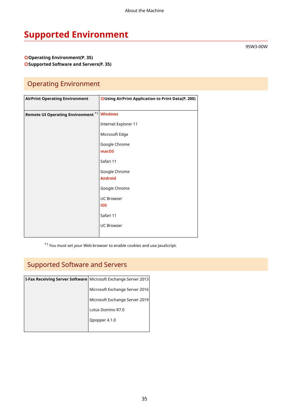 Supported environment, Supported environment(p. 35), Operating environment | Supported software and servers | Canon imageCLASS LBP674Cdw Wireless Color Laser Printer User Manual | Page 43 / 565