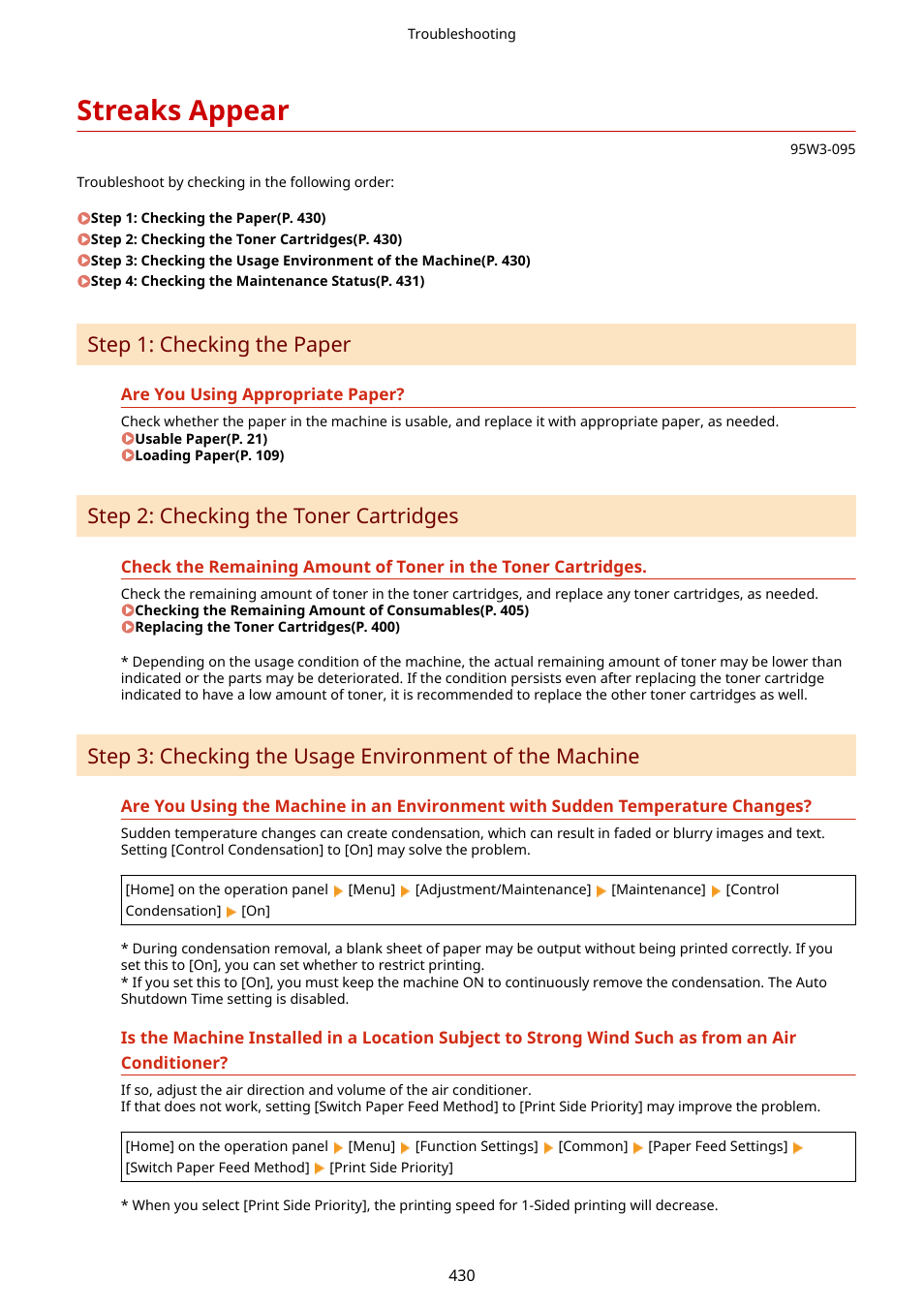 Streaks appear, Streaks appear(p. 430), Step 1: checking the paper | Step 2: checking the toner cartridges | Canon imageCLASS LBP674Cdw Wireless Color Laser Printer User Manual | Page 438 / 565