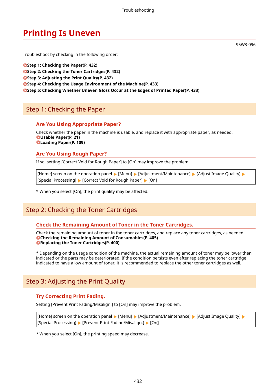 Printing is uneven, Printing is uneven(p. 432), Step 1: checking the paper | Step 2: checking the toner cartridges, Step 3: adjusting the print quality | Canon imageCLASS LBP674Cdw Wireless Color Laser Printer User Manual | Page 440 / 565