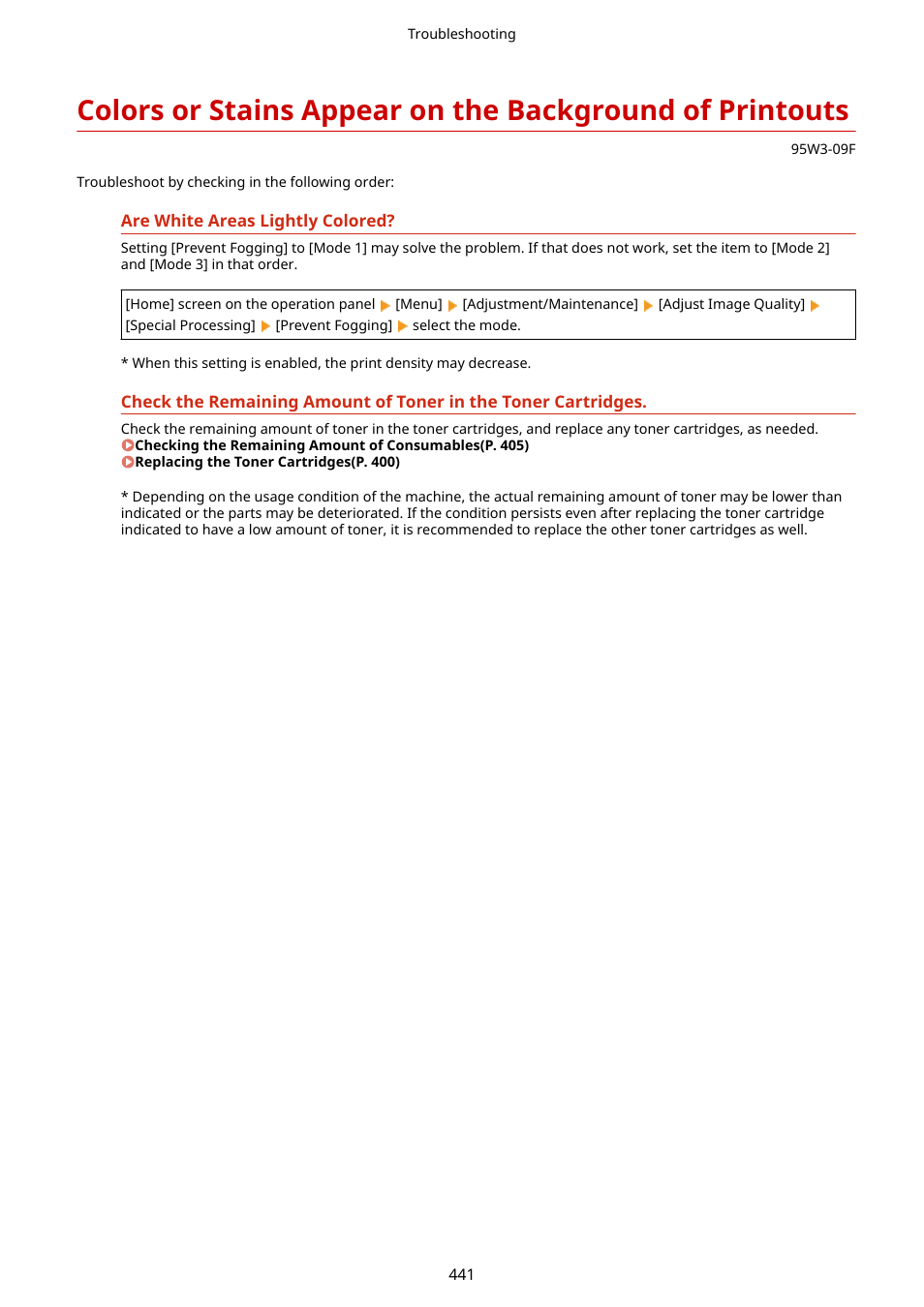 Colors or stains appear on the, Background of printouts(p. 441) | Canon imageCLASS LBP674Cdw Wireless Color Laser Printer User Manual | Page 449 / 565