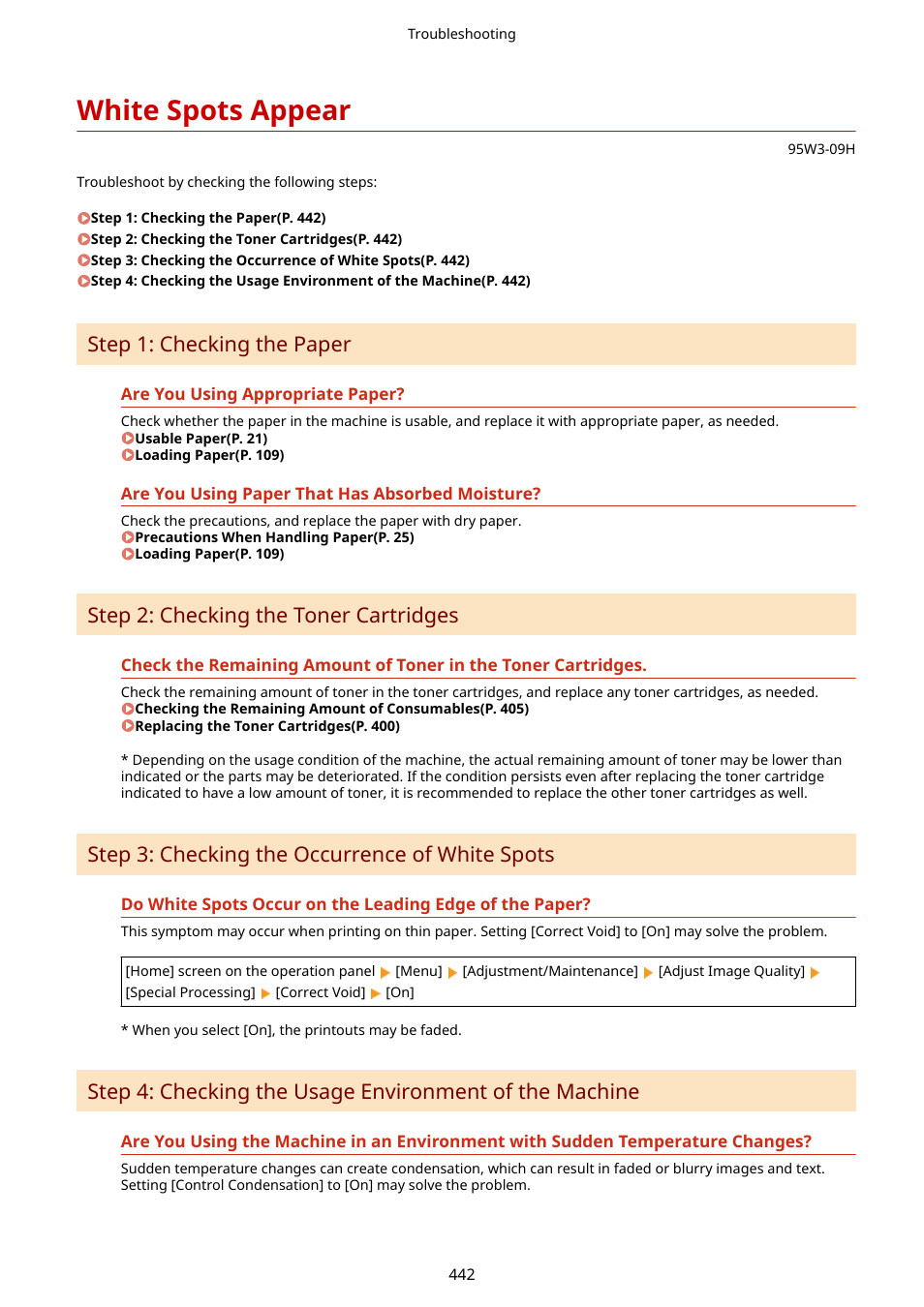 White spots appear, White spots appear(p. 442), Step 1: checking the paper | Step 2: checking the toner cartridges, Step 3: checking the occurrence of white spots | Canon imageCLASS LBP674Cdw Wireless Color Laser Printer User Manual | Page 450 / 565