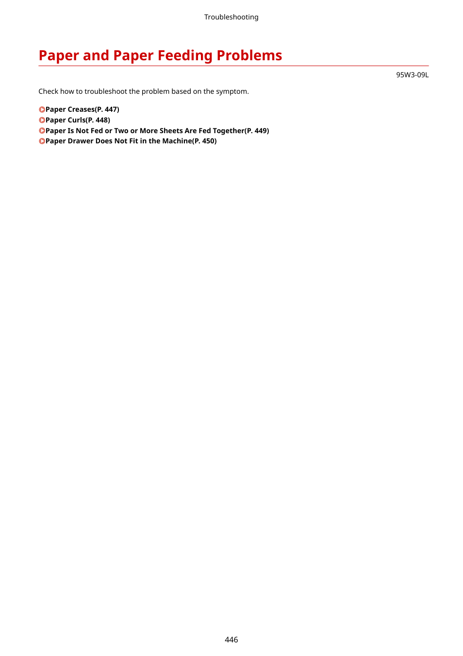 Paper and paper feeding problems, Paper and paper feeding problems(p. 446) | Canon imageCLASS LBP674Cdw Wireless Color Laser Printer User Manual | Page 454 / 565