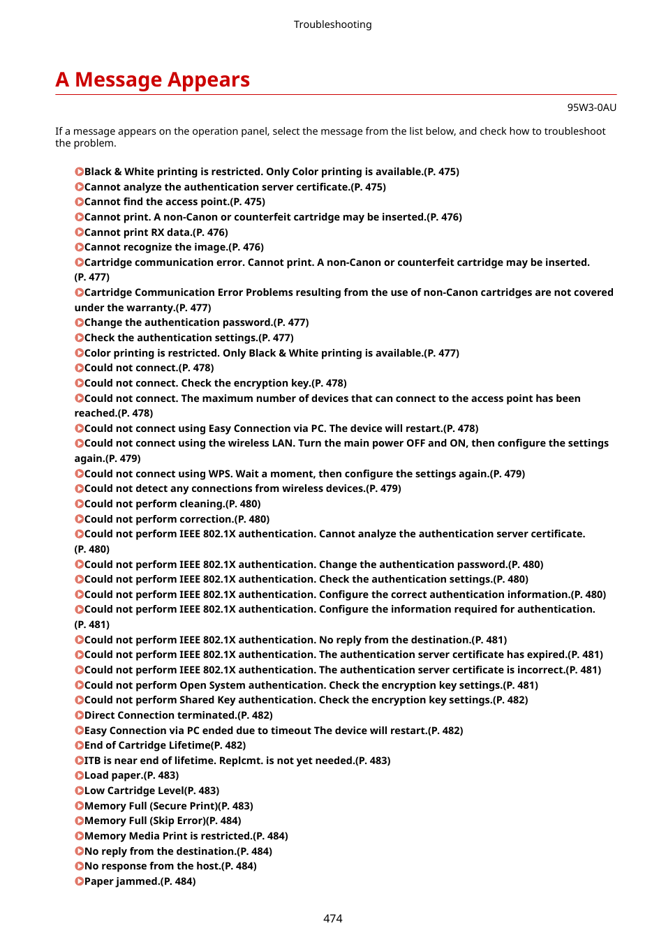 A message appears, A message appears(p. 474), Oblem. a message appears(p. 474) | Canon imageCLASS LBP674Cdw Wireless Color Laser Printer User Manual | Page 482 / 565
