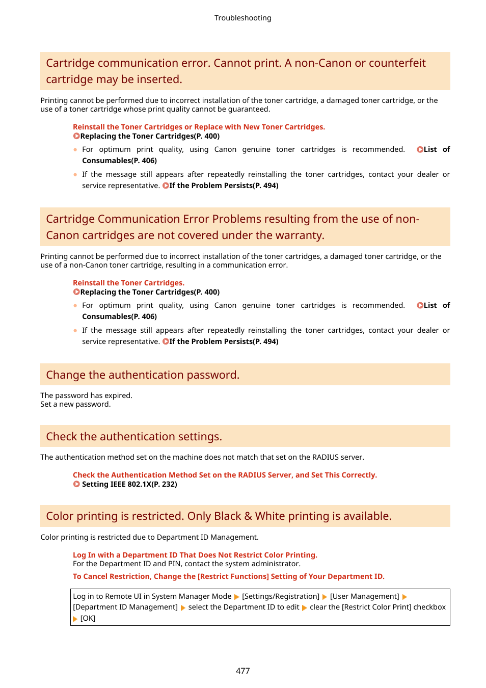 P. 477), Under the warranty.(p. 477), Change the authentication password | Check the authentication settings | Canon imageCLASS LBP674Cdw Wireless Color Laser Printer User Manual | Page 485 / 565