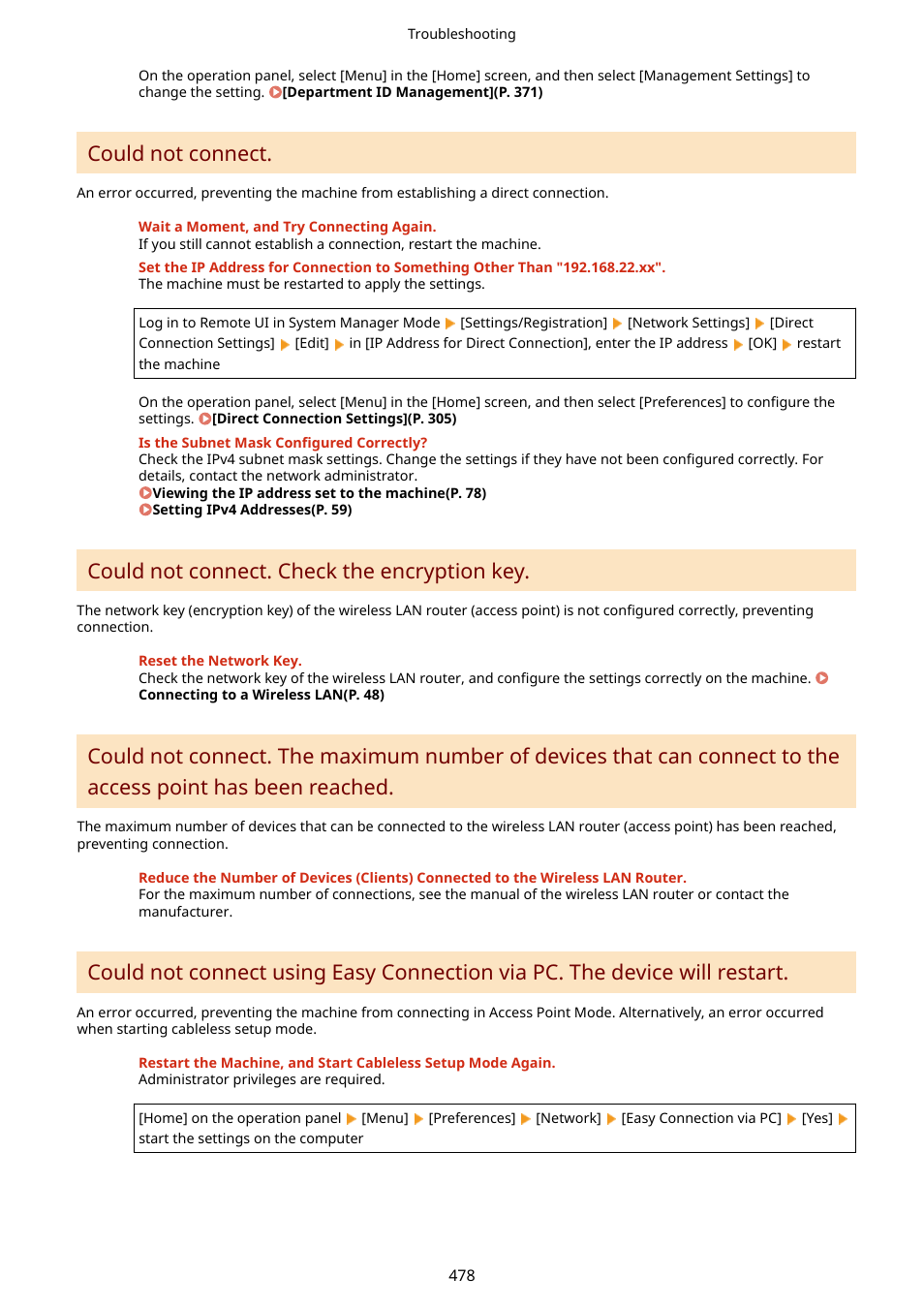 Reached.(p. 478), Could not connect, Could not connect. check the encryption key | Canon imageCLASS LBP674Cdw Wireless Color Laser Printer User Manual | Page 486 / 565