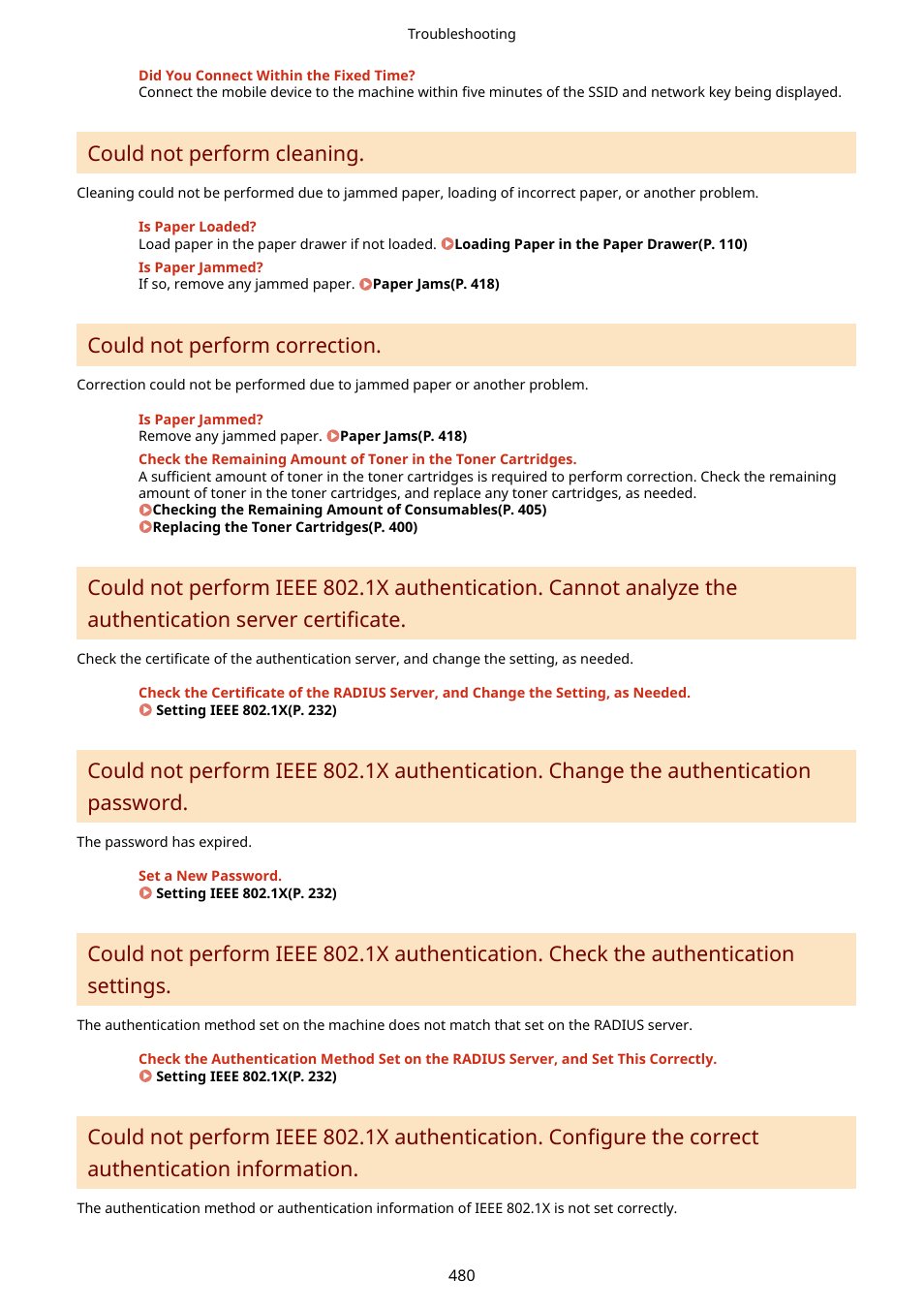 P. 480), Could not perform cleaning, Could not perform correction | Canon imageCLASS LBP674Cdw Wireless Color Laser Printer User Manual | Page 488 / 565