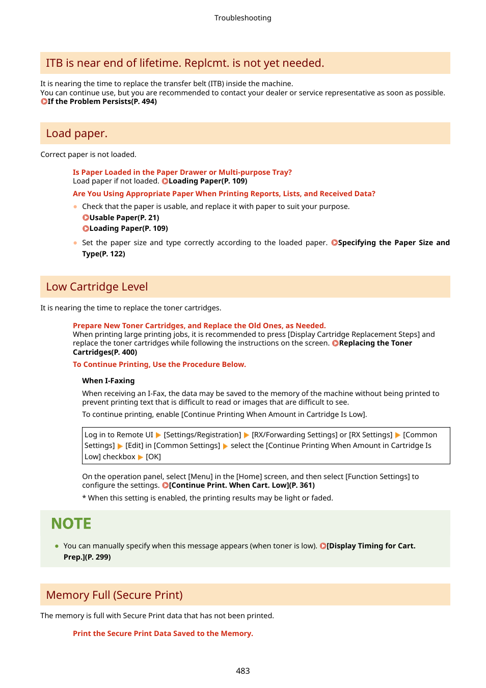 Load paper, Low cartridge level | Canon imageCLASS LBP674Cdw Wireless Color Laser Printer User Manual | Page 491 / 565
