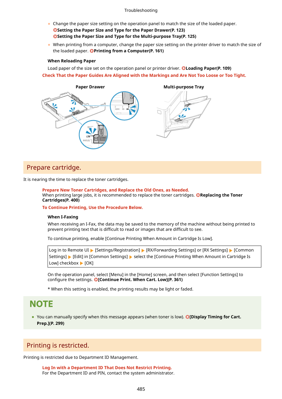 Prepare cartridge, Printing is restricted | Canon imageCLASS LBP674Cdw Wireless Color Laser Printer User Manual | Page 493 / 565