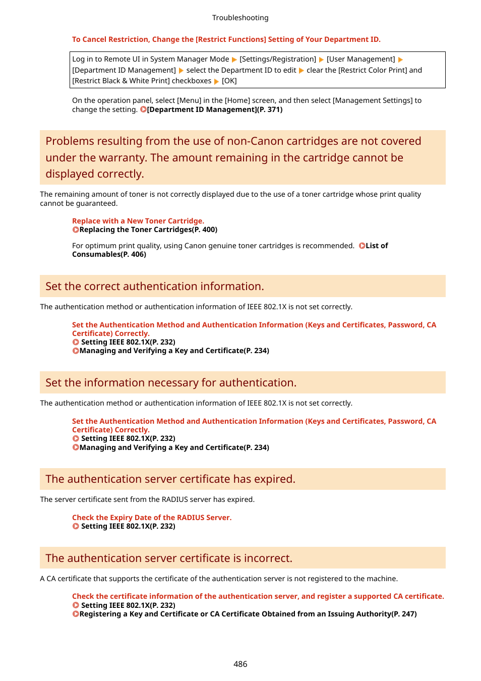 Set the correct authentication information, Set the information necessary for authentication, The authentication server certificate has expired | The authentication server certificate is incorrect | Canon imageCLASS LBP674Cdw Wireless Color Laser Printer User Manual | Page 494 / 565